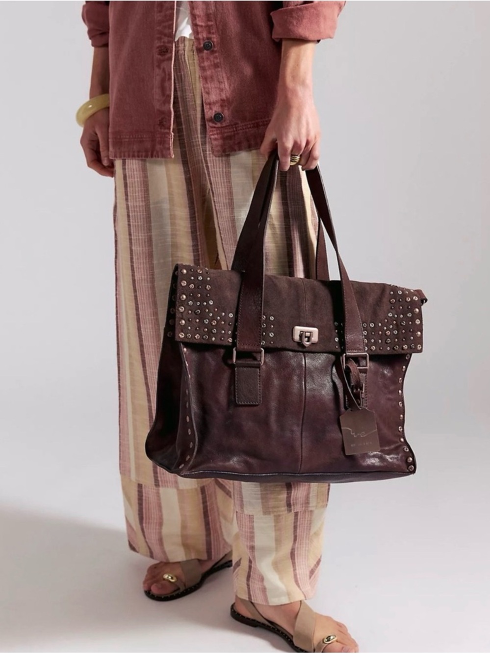 NWT FREE PEOPLE We The Free Shay Stud Tote Handbag Bag Studded Espresso Brown